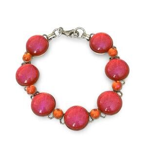 Sterling Silver 925 Linked Bracelet Round Sparkling Pink & Orange Glass 7.25”